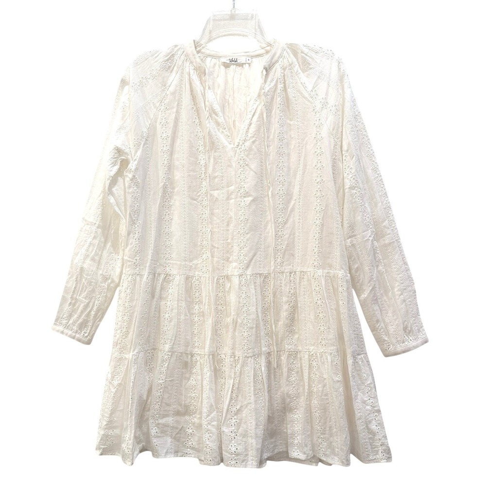 Talulah White Cotton‎ Eyelet Tiered Mini Dress Long Sleeve Boho V-Neck Small